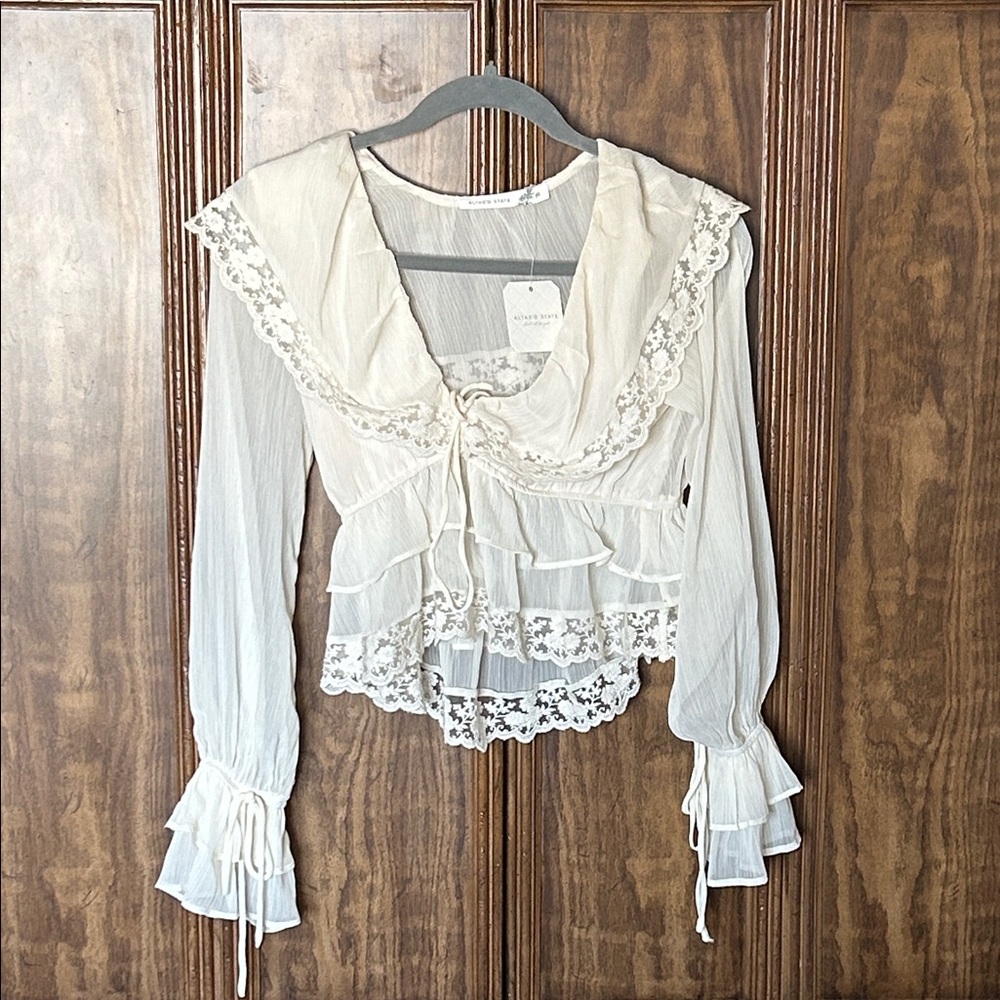 Altar'd State Cream Lace Ruffle Blouse